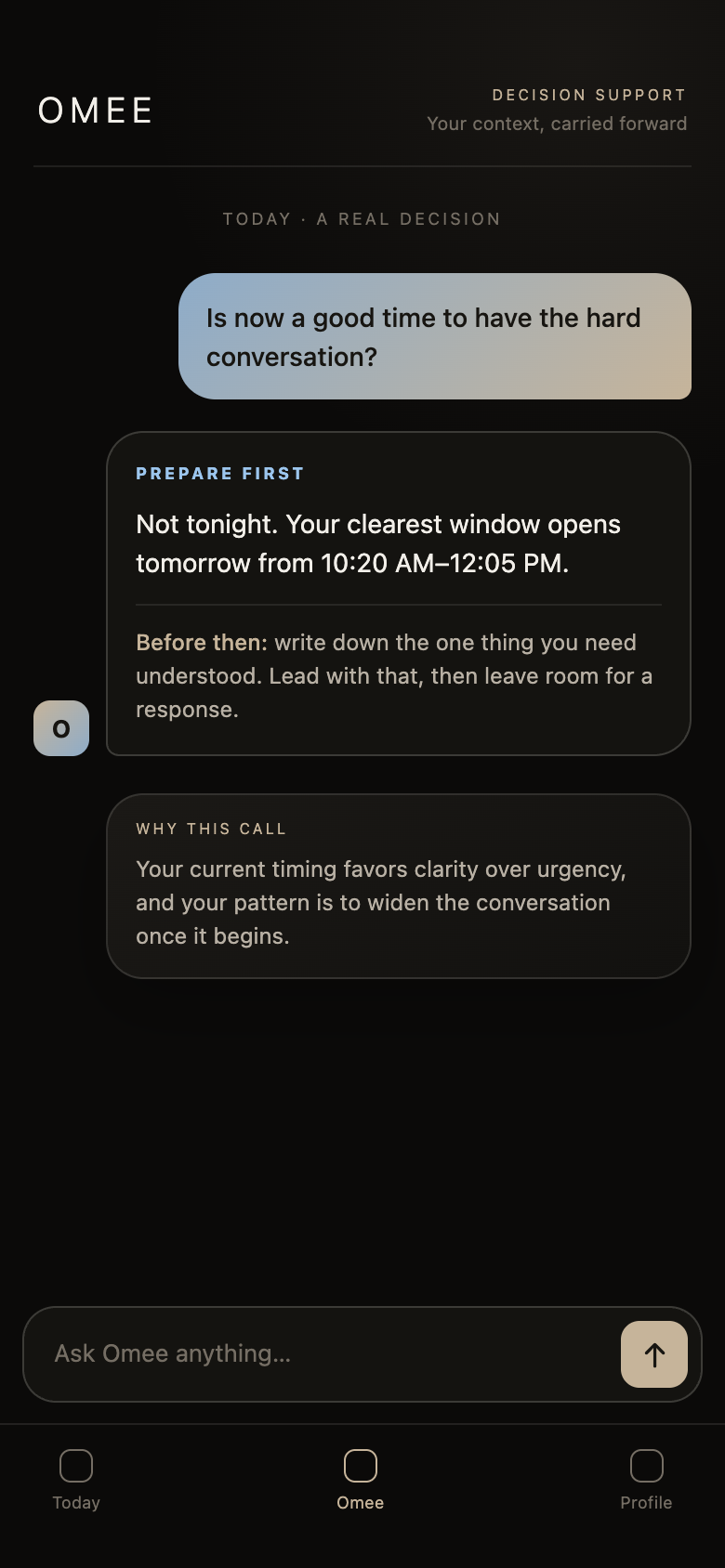 Completed Omee Chat exchange about timing a difficult conversation