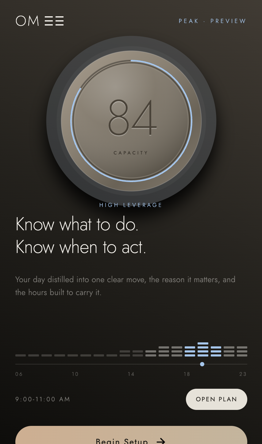 Omee daily view showing a score of 84, a timing window, and a clear operating call